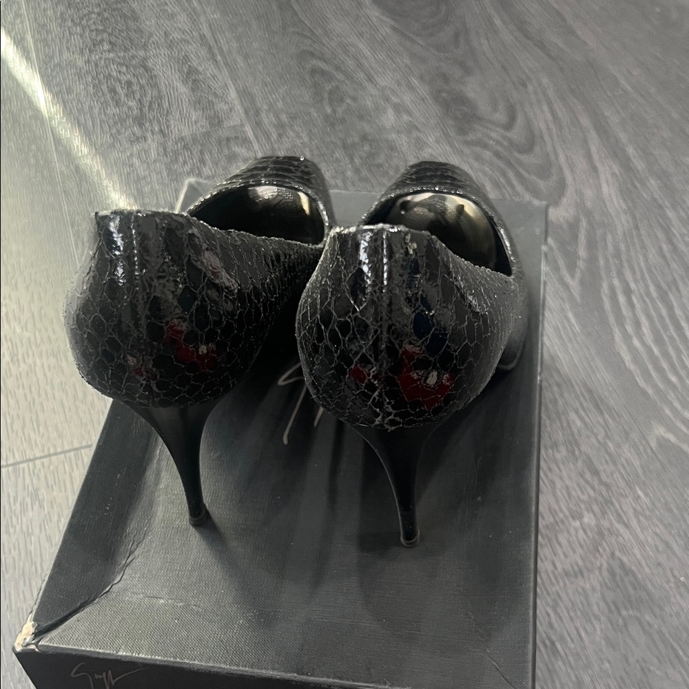 Giuseppe Zanotti Shimmering Black Peep Toe Heels - Picture 2 of 6